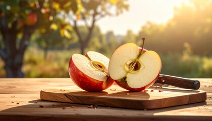 Two Slices of Red Apple on Wooden Board, Outdoors