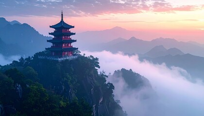 Serene Sunrise Pagoda on Misty Mountaintop