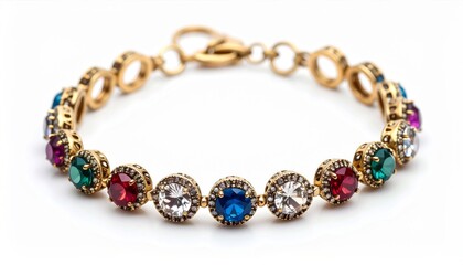 Gold Bracelet Featuring Colorful Gemstones on a White Background in Studio Lighting