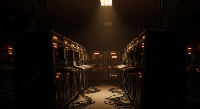 Dark vintage mainframe computer server room with glowing lights