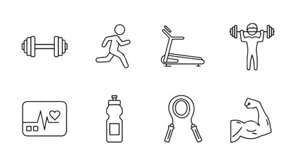 Collection of fitness and exercise icons in a minimalist silhouette style
