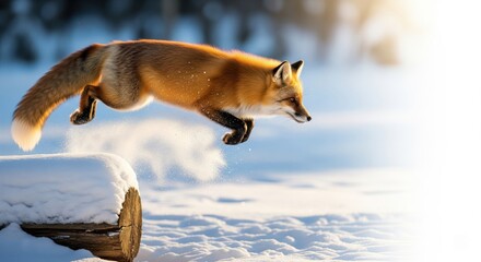 Red fox jumping in a snowy winter landscape at sunrise.