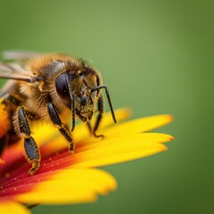 Macro close-up of a honeybee covered in pollen on a flower