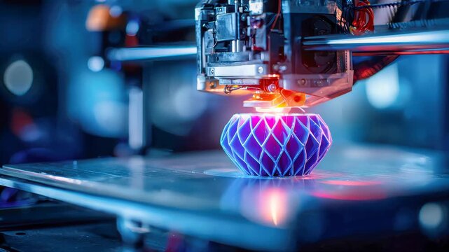 Close-up of a 3D printer creating a complex geometric blue object with precision and detail