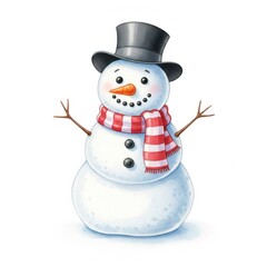 Watercolor Snowman Illustration with Top Hat Scarf and Carrot Nose on White