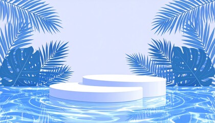 Fototapeta premium Light Blue Product Podium with Tropical Leaf Accents and Water Ripple Design