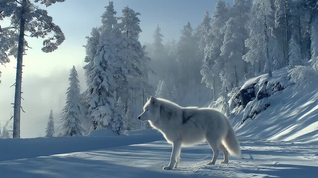 White wolf in snowy forest