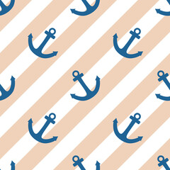 Tile sailor vector pattern with blue anchor and white stripes on pastel background for seamless decoration wallpaper