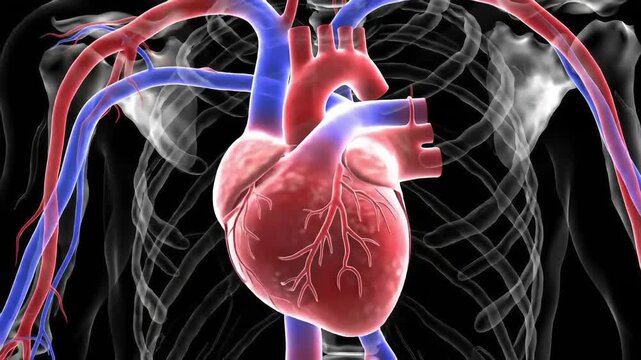 Anatomy of the Human Heart: Detailed illustration of a healthy human heart showcasing the intricate network of arteries and veins, emphasizing its central role in human circulation and wellness.