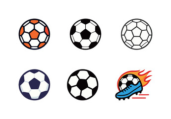 A set of football and soccer ball icons in different styles, including colored, black and white, and with a boot.