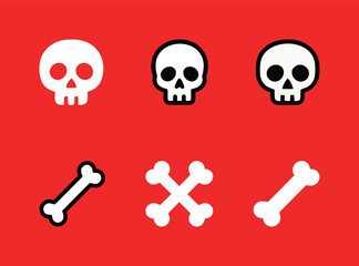 A set of skull and bone icons in a simple, flat vector design on a red background, perfect for Halloween or danger themes.