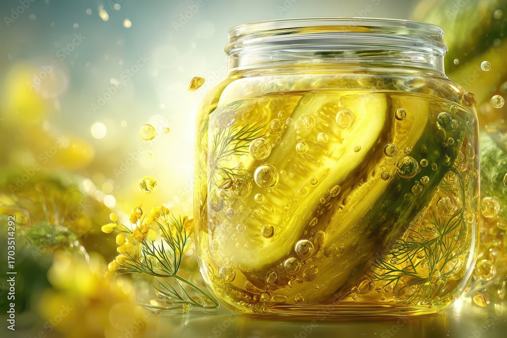 Poster a vibrant jar of pickled cucumbers with dill and sparkling brine, ready to enjoy.