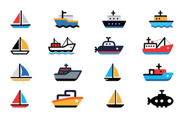 A diverse set of boat and ship icons, including sailboats, cruise ships and submarines, with flat vector designs.