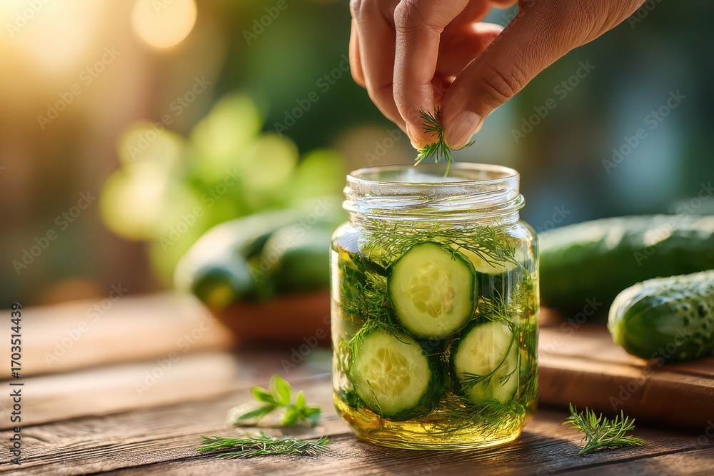 Poster hand adding fresh dill to sliced cucumbers in a jar, preparing homemade pickles.