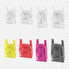 Clear plastic T-shirt bag. Realistic vector mockup. White, black, color. Easy to edit.  Blank transparent shopping Tshirt bag with handles. 3d mock-up. Carry polyethylene package. Template set