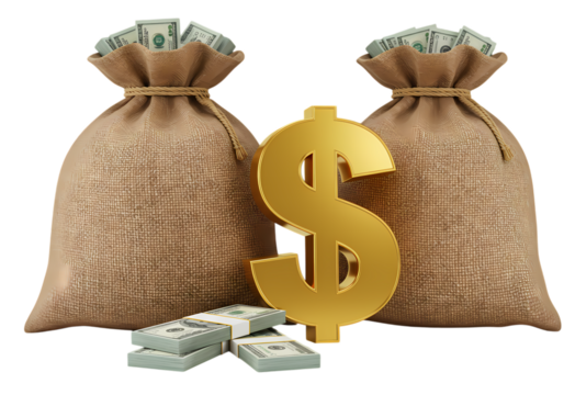 Wealth Prosperity and Financial Success Two Money Bags with Gold Dollar Sign isolated on transparent background