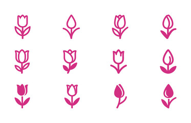 A set of pink tulip icons in simple and abstract line art styles, for spring, nature, and floral themes.