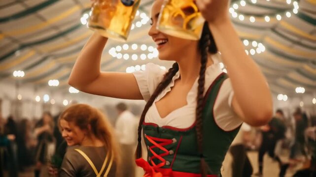 Smiling german woman in traditional attire dirndl dress holds two large beer mugs, surrounded by festive octoberfest decorations and warm lighting, celebrating joyful atmosphere of cultural festival