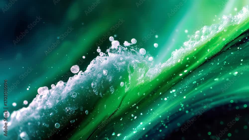 Poster abstract green waves with glowing particles and bubbles creating a surreal liquid effect