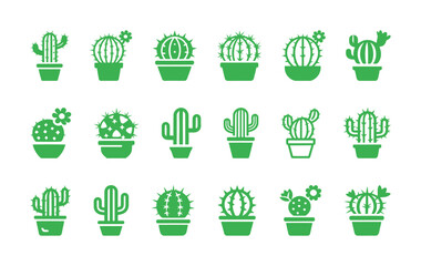 A large set of cactus and succulent icons in a modern green flat vector design, symbolizing desert plants and nature.
