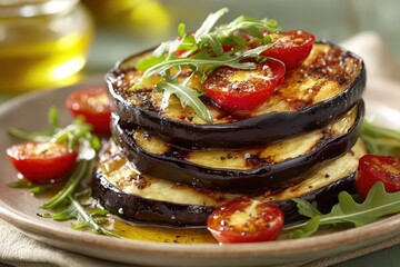 Savory stacked grilled eggplant with fresh cherry tomatoes and arugula.