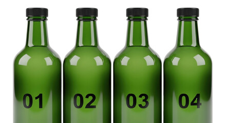 Four identical, utilitarian dark green glass bottles with matte black screw caps and numerical labels ('01'-'04'), aligned on a bright white studio background, professional product photography concept