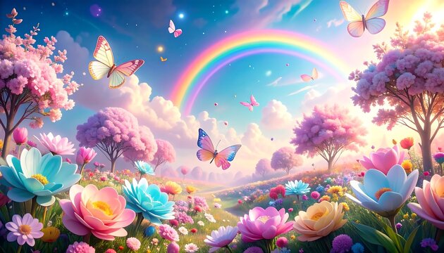 Enchanting fairytale landscape featuring a vibrant rainbow arching over a whimsical meadow of blooming flowers and butterflies