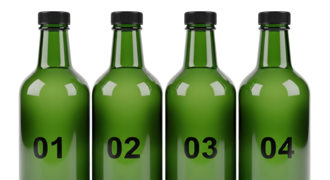 Four identical, utilitarian dark green glass bottles with matte black screw caps and numerical labels ('01'-'04'), aligned on a bright white studio background, professional product photography concept