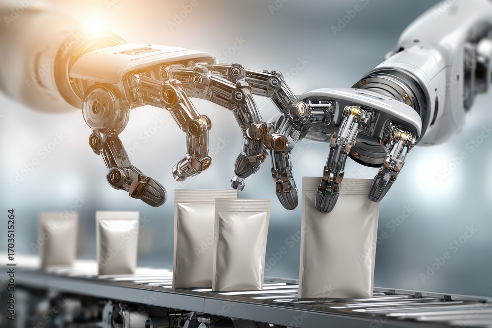 Aufkleber robotic arms handling blank pouches on an automated assembly line.