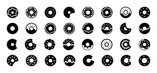 A large set of donut and doughnut icons in a black and white silhouette and outline style, with bites and icing.