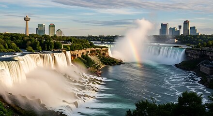 Majestic Niagara Falls with city skylines of USA and Canada.