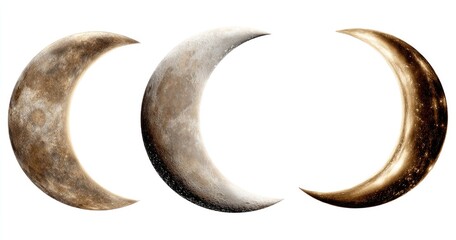 Three crescent moons, sepia-toned, varying shades and textures, isolated on white