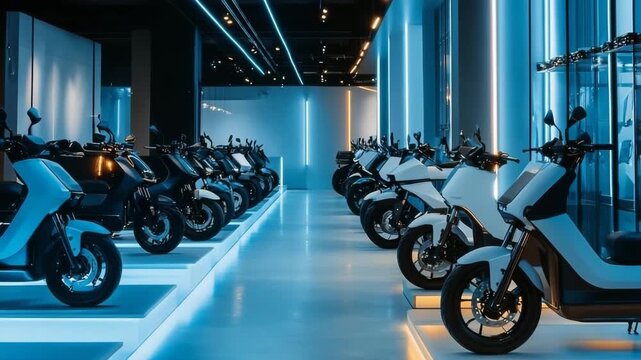 Modern electric scooters displayed in a sleek showroom with vibrant lighting and a futuristic design