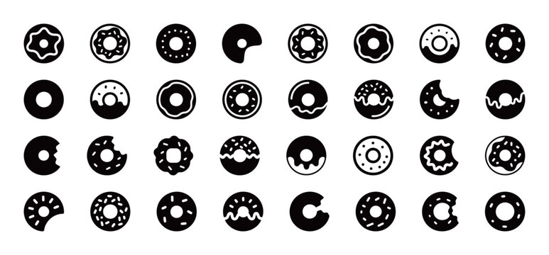 A large set of donut and doughnut icons in a black and white silhouette and outline style, with bites and icing.