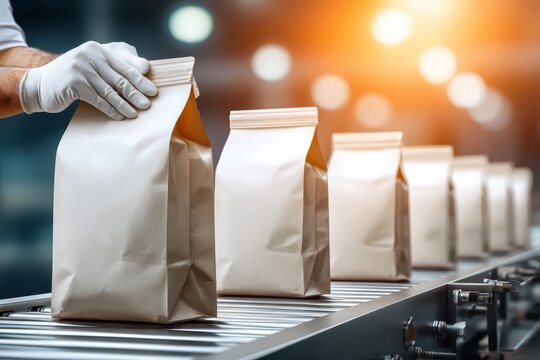 Gloved hand places blank pouches on a factory conveyor belt system.