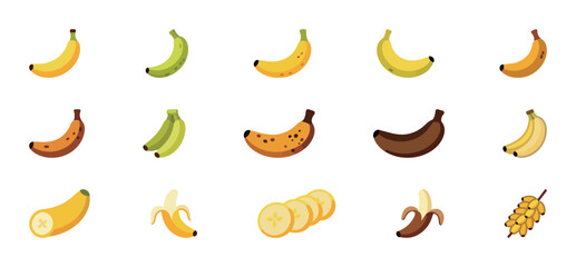Set of banana icons showing different ripeness stages. Simple vector illustrations for fruit, healthy food, and diet concepts. Flat style for web, apps, and presentations on white background. © Zhangxiao