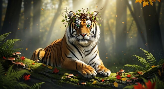 Majestic Tiger Resting on a Mossy Log in a Sun-Dappled Forest.