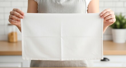 Woman holding a white kitchen towel in her hands.