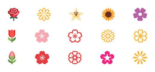 A set of colorful flowers icons in various shapes and styles. Simple vector illustrations for spring, floral, and nature concepts. Flat style for web, apps, and presentations on a white background.