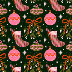 Merry Christmas vector seamless pattern with colorful groovy funky cartoon illustration of bauble, retro ornaments, mistletoe wreath, bow knot with ribbon, gift, xmas holiday decor elements for design