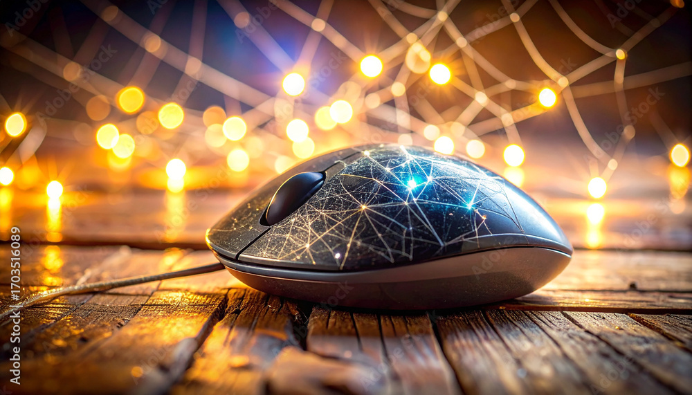 Poster digital frontier: a sleek computer mouse glows with digital network, positioned atop a rustic wooden