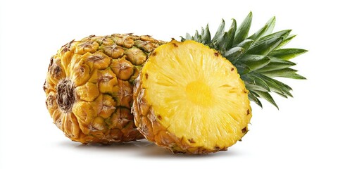 Ripe pineapple, whole and halved, showcasing its juicy yellow flesh and green crown against a clean white background