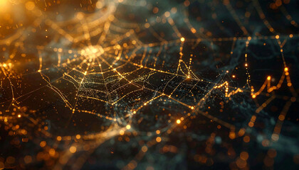 Golden Web: A detailed image of a intricate network of golden filaments against a dark backdrop, glistening as it captures and reflects light, depicting digital connections.