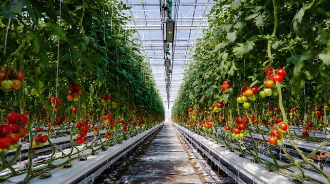 High-tech greenhouse featuring red tomatoes under smart farming technology
