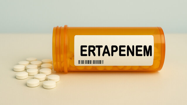 Box of ERTAPENEM tablets on a hospital pharmacy table used to treat bacterial infections a carbapenem antibiotic.