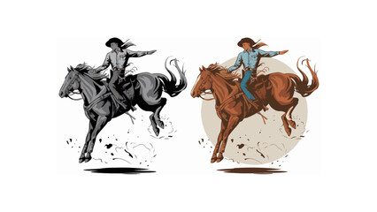 Cowboy riding wild bucking horse in rodeo arena, western country vector drawing