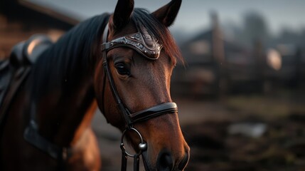 Majestic equestrian portrait showcasing a beautifully saddled brown horse at dusk rustic charm