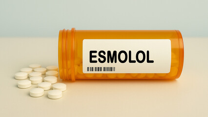 Box of ESMOLOL tablets on a hospital pharmacy table used to treat rapid heart rate and high blood...