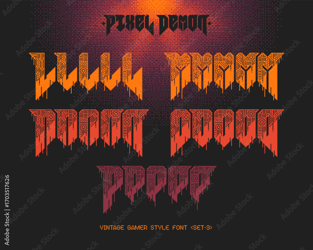 Aufkleber vector set of vintage gamer style font with pixel shape pattern and 5 letters variations
