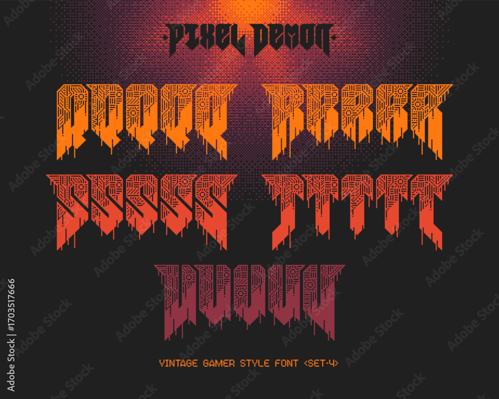 Aufkleber vector set of vintage gamer style font with pixel shape pattern and 5 letters variations
